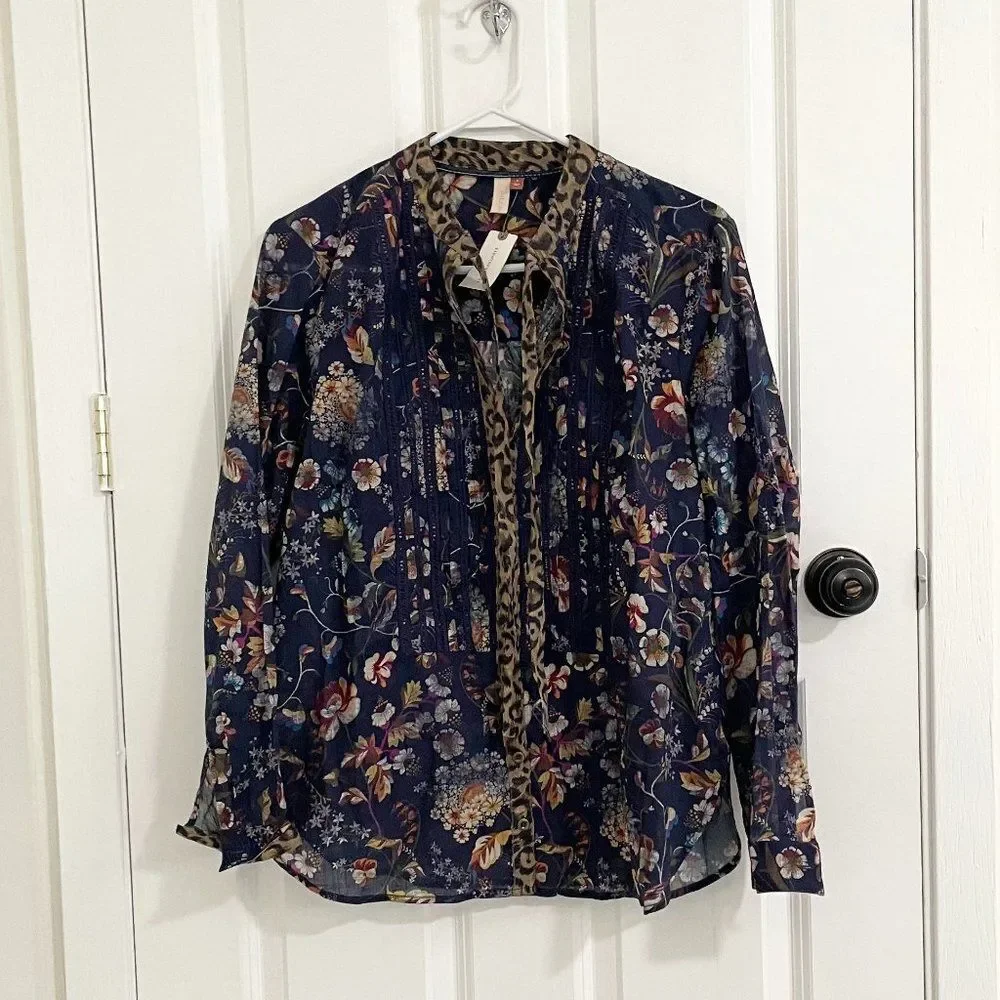 Women Anthropologie Pilcro Ladder Lace Floral Tunic Blouse in Navy Blue Small - Picture 2 of 14